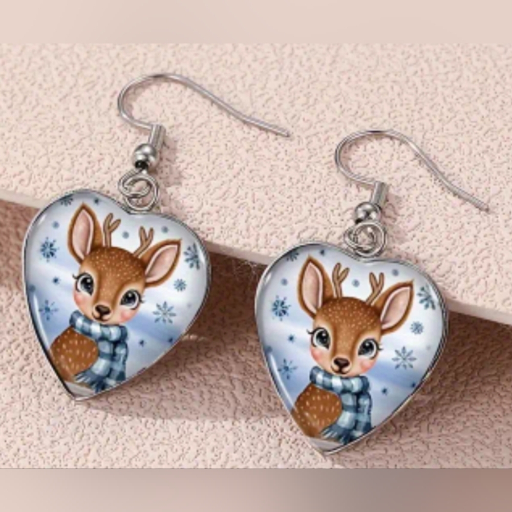 Heart Christmas earrings silver Holiday Deer Crystal Glass animal print